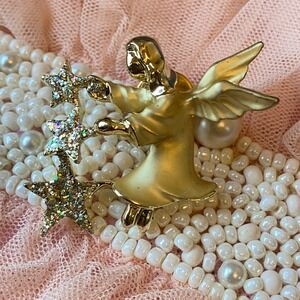 VTG Gigi Giusti Angel & Three Stars Gold Tone Rhinestone Brooch Pin Holiday Gift